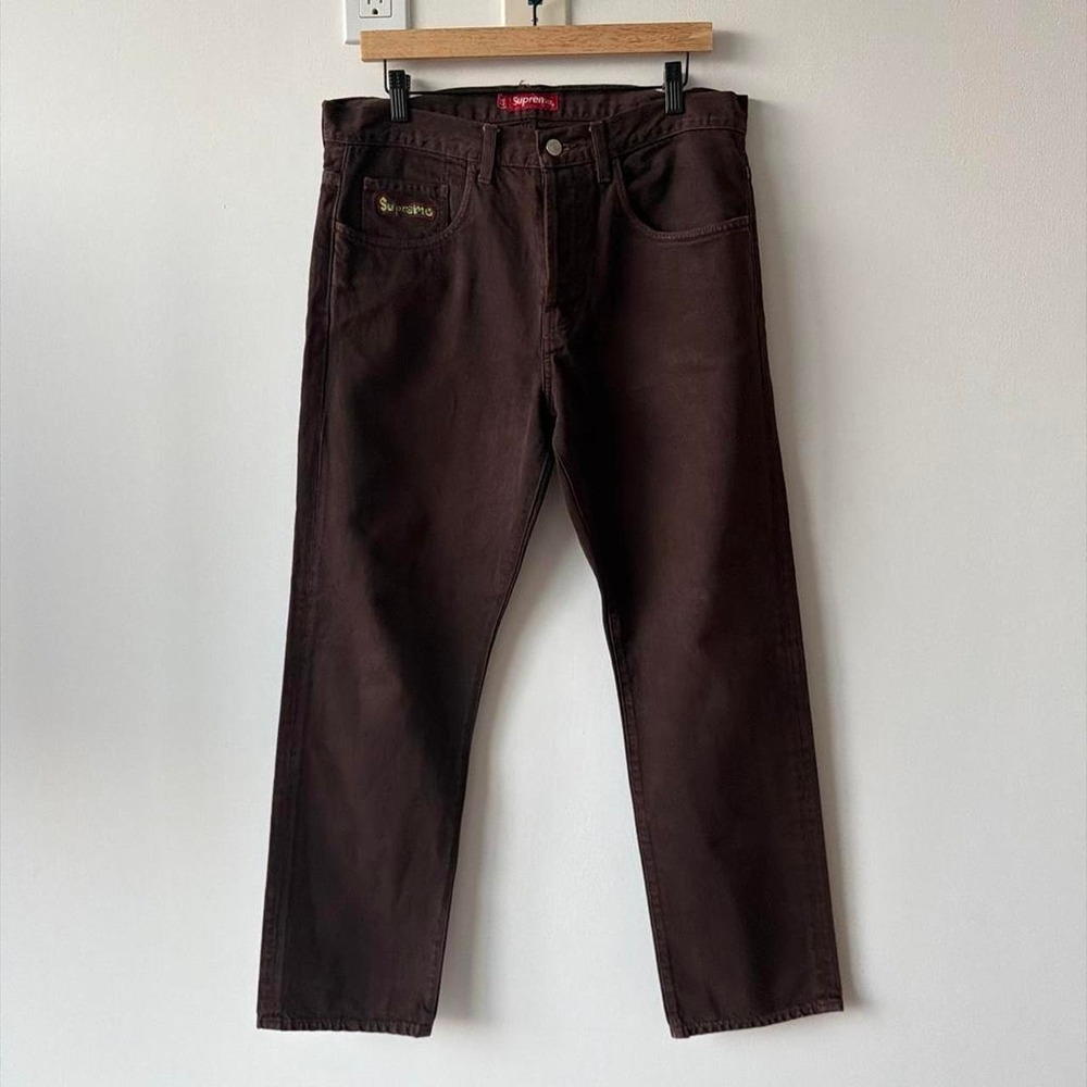 Supreme Mens Brown Embroidered Logo Straight Leg Denim Jeans Size 32